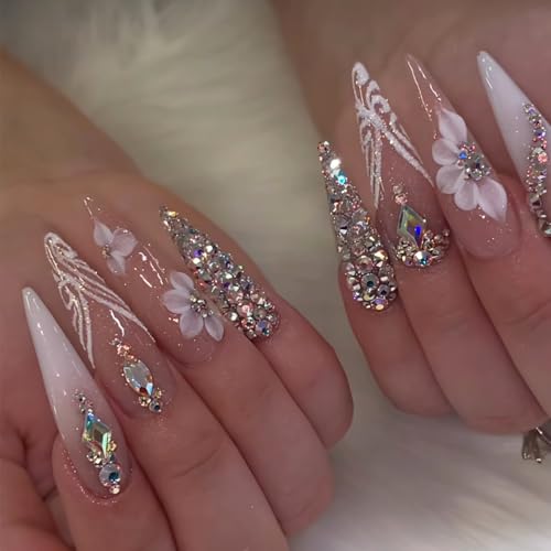 MISUD Press on Nails - Long Stiletto Fake Nails with Bling Glitte...
