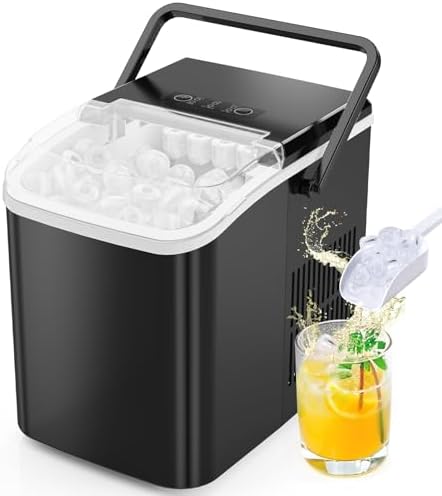 Sweetcrispy Countertop Ice Maker with Scoop, Basket and Handle, Portable Ice Machine 9 Ice Cubes Ready in 6 Mins, 26.5lbs in 24Hrs, 2 Sizes for Home Kitchen Office Bar Party