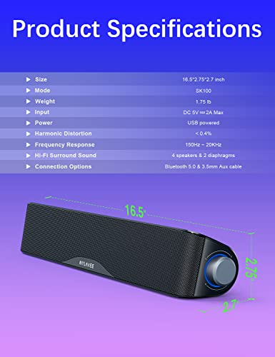 Nylavee SK100 Computer Speakers, Hifi Sound Quality Computer Sound Bar thumb #6