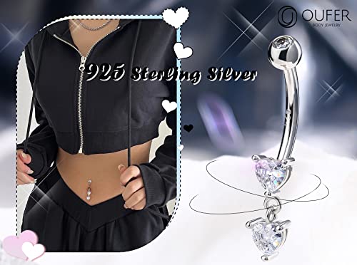 OUFER 14G Belly Rings, Dangle Belly Button Ring, 925 Sterling Silver Flower Belly Piercing Jewlery, Clear CZ Navel Piercing Jewelry for Women Men2
