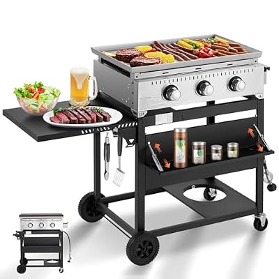 MELLCOM 3 Burner 30000 BTU Outdoor Gas Griddle with Lid (Side Shelf), Portable Flat Top Griddle 28 Inch Heavy- Duty Cast lron Grill, Bottle Rack & Grease Pan for Camping, Picnic, Patio