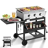 MELLCOM 3 Burner 30000 BTU Outdoor Gas Griddle with Lid (Side Shelf), Portable Flat Top Griddle 28 Inch Heavy- Duty Cast lron Grill, Bottle Rack & Grease Pan for Camping, Picnic, Patio