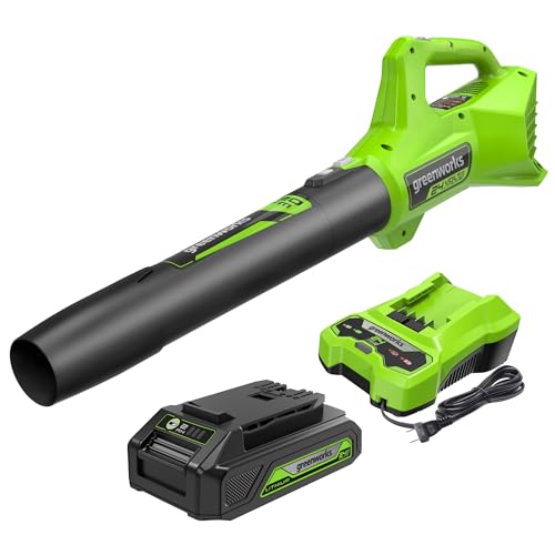 Greenworks 24V (90 MPH / 320 CFM / 150+ Compatible Tools) Cordless Axial Leaf Blower, 2.0Ah Battery and Charger Included