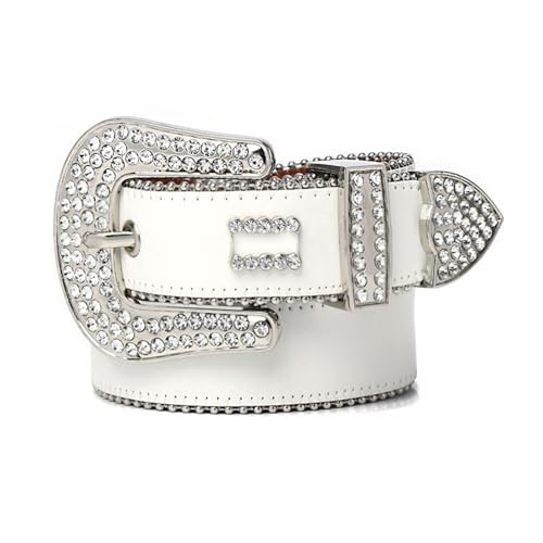 JIARY Rhinestone Belts Women,Fashionable Crystals Design Leather White Belt,Glitter Western