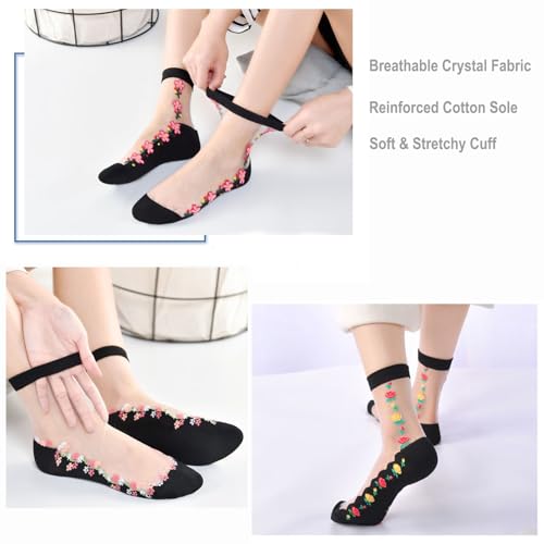 Image of DXYAKY 5 Pairs Sheer Floral Socks for Women, Lightweight Mesh Ankle Lace Socks, Breathable Summer Cute Transparent Stockings