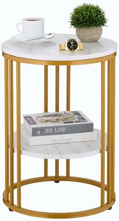 Relaxdays Side Table, 2 Shelves, Marble Effect, for Living Room, Metal & MDF, Round Sofa Table, 56 x 40 cm, White/Gold