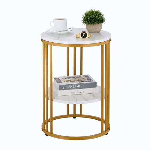 Relaxdays Beistelltisch Marmoroptik, 2 Ablagen, für Wohnzimmer, Metall & MDF, Sofatisch rund, HxD 56x40 cm, weiß/Gold