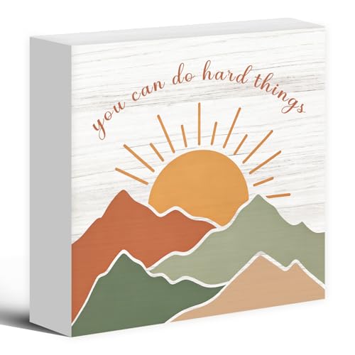 Luipk Boho Inspirational Mountain Sunrise Wood Box Sign Desk Decor 5X5, Motivational Gifts for Women, You Can Do Hard Things Wooden Block Sign Decorations for Home Office Wall Tabletop Shelf Decor
