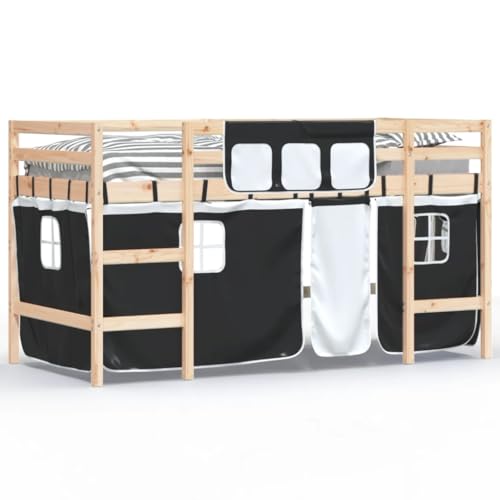 Homgoday Cama alta para niños con cortinas blancas y negras, 80 x 200 cm, madera maciza de pino, cama alta individual, cama alta para niños, litera tipo loft con escalera tipo 1 muebles - imagen 2