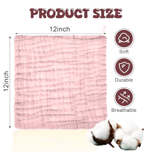 Image of Breling 20 Pcs Baby Muslin Washcloth 12 x 12 Inch 100% Cotton Soft and Absorbent Muslin Washcloth Burp Cloth Wipe Newborn Face Towel for Baby Boy Girl Sensitive Skin(Pink, Bean Paste, Dark Pink)