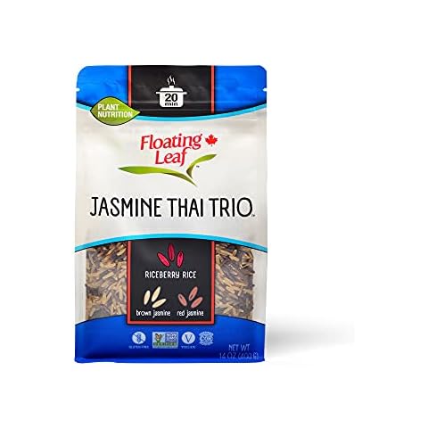 1 Pack x 14 ounces Jasmine Thai Trio, Riceberry Rice (Jasmine Black Rice), Brown Jasmine Rice and Red Jasmine Rice, Non Gluten, Non-Gmo, Kosher and Vegan - Floating Leaf Cover