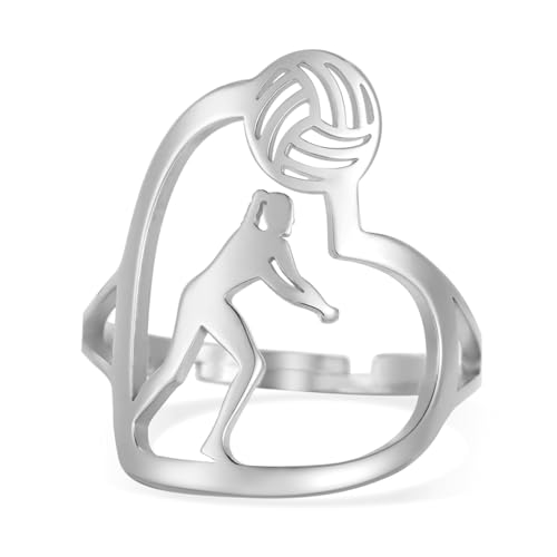TEAMER Heart Volleyball Player Ring Dainty Resizable Volleyball Bump Player Ring Stainless Steel Sport Ball Jewelry For Team Athlete Coach Volleyball Lovers