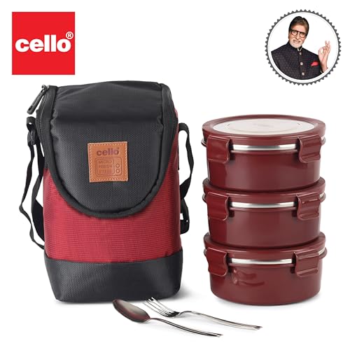 Image of CELLO MF Freshco Plus Lunch Box Set with 2 Spoons & Bag, 3 Containers, 300ml, Red | Outer Plastic & Inner Stainless Steel Tiffin Box with Jacket | Ideal for College, Office