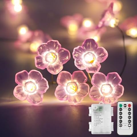 suddus Cherry Blossom Lights, 12.8 ft 40 LED Flower String Lights Battery Operated with Remote, Pink Fairy Lights for Bedroom, Valentines Day, Holiday, Partry, Indoor Cover