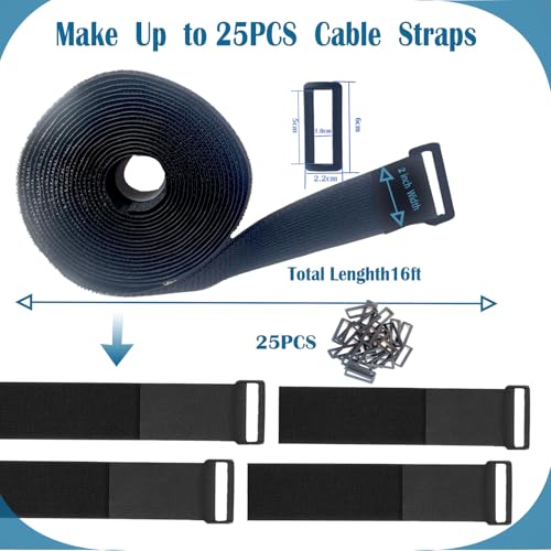 Image of 2 inch x 16ft Nylon Hook and Loop Straps with 25 Plastic Buckles。Reusable Adjustable Strips Freely Cut-to-Length Straps for Organizer or Storage Straps（ Black）