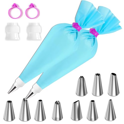 16 Pcs Piping Bags and Nozzles Set Reusable Icing Piping Kit with Frosting Bags Stainless Steel Tips & Couplers Cake Decorating Tools for Cupcakes Cookies & Pastries Baking Supplies Set