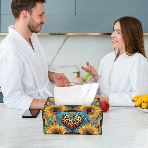 Image of DIY Diamond Painting Tissue Box, Wooden Diamond Art Napkin Holder with Sunflower and Leopard Print Design, Decorative Rhinestone Craft Tabletop Kit for Adults, Desktop Storage Organizer