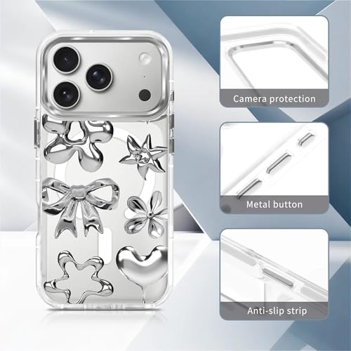 MQJCYB Magnetic Case for iPhone 17 Pro Design On Clear Base, Compatible with MagSafe, Slim Protective Soft TPU Bumper Phone Cover Women Girls Case Imitation Metal Flower Bow by MQJCYB - Used condition - Image 6