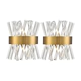 AXILAND Mid-Century Modern 2-Light Gold Crystal Wall Sconce Set of Two with Glass Rods Brass Finish