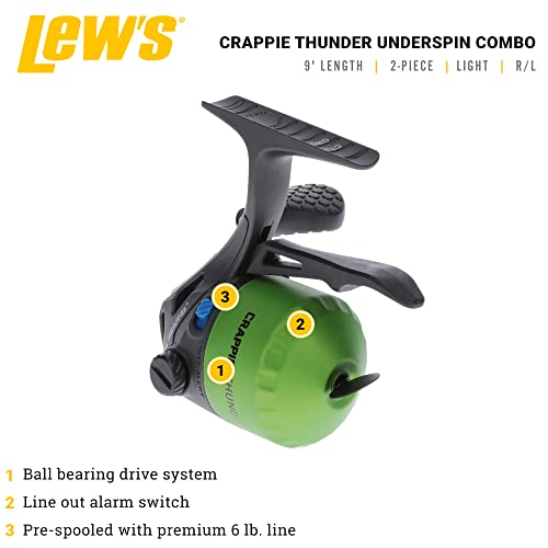 Lew's Crappie Thunder Jig/Troll Underspin Reel and Fishing Rod Combo, 9-Foot 2-Piece Graphite Blank, Right or Left-Hand Retrieve, Crappie Thunder Green