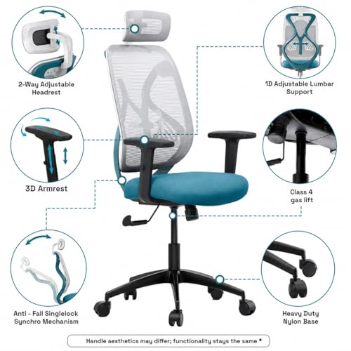 Image of Wakefit Gravita Ergonomic Office Chair for Work | 3 Year Warranty | Single Lock and Recline | Soft Armrest with 3 Dimension adjustability| Strong Nylon Base | 8+ Hours of Comfort| White and Green