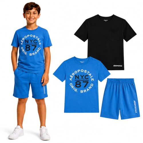 Image of AEROPOSTALE Boys Athletic Shorts Set 3 Piece Graphic T Shirts Fleece Shorts | Soft Breathable Jersey Tees, Elastic Waistband, Side Pockets, Screen-print Design, Durable Stitching for School & Play