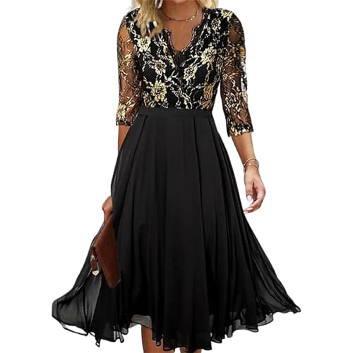 Women's Black and Gold Floral Lace Dress 2025 Summer Flowy 3/4 Sleeve High Waist Pleated Hem Cocktail Party Midi Dresses