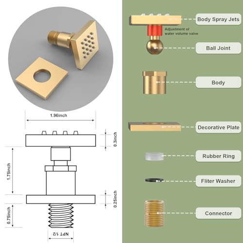 Shower Body Spray Jets with On Off Switch Adjustable Flow Body Sprays Jets Massage Spa Jet Brushed Gold, Flow control