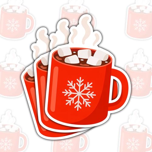 3 Pcs Hot Cocoa Mug Christmas Sticker, Red Cup with Snowflake & Marshmallows Vinyl Decal, Cozy Winter Holiday Sticker for Laptops, Mugs & Planners