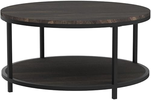 Miniatura 60 de Mesa de centro redonda de 36 pulgadas, superficie superior de madera rústica y patas de metal resistentes, mesa industrial para sala de estar, Nogal