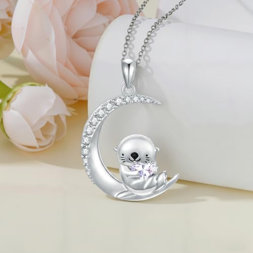 Image of PROESS Animal Birthstone Necklace 925 Sterling Silver Otter /Axolotl /Hippo /Elephant /Dachshund /Monkey /Red Panda Pendant Necklace Animal Birthstone Jewelry Gifts for Women