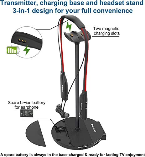 Simolio Dual Wireless Headphones For Tv Watching With Transmitter/Charging Stand 2-In-1, Spare Battery & Dialog Mode & Balance Control For Seniors, Optical/Rca/Aux Compatible, Bypass To Soundbar #TOP3