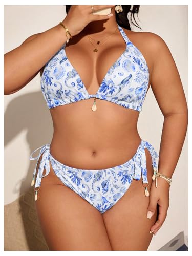 Maillot de bain grande taille dos nu et string réglable bleu et blanc - 4