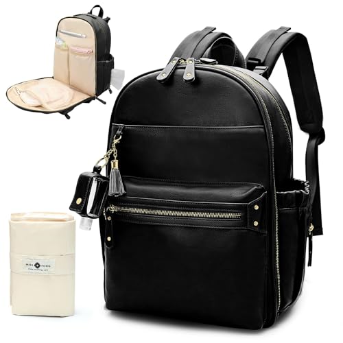 MISS FONG Wickelrucksack Wickeltasche Rucksack Leder, Gro&szlig;e Baby Wickelrucksack Babytaschen mit Reiseflaschen Schl&uuml;sselbund, Schl&uuml;sselbundflaschen, Wickelunterlage und Kinderwagen Haken-Schwarz