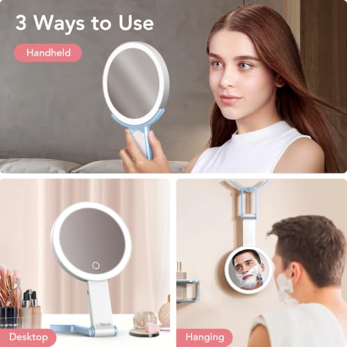 Image of LitBear Travel Makeup Mirror with Lights, Rechargeable Double-Sided 10X /1X Magnifying Mirror, Portable Lighted Beauty Mirrors, 3 Color Lighting, Dimmable Touch Screen, Tabletop Handhold Hanging (Blue)