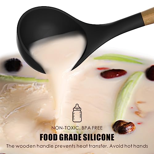 oannao Silicone Cooking Utensils Set - 446°F Heat Resistant Silicone Kitchen Utensils for Cooking,Kitchen Utensil Spatula Set w Wooden Handles, BPA FREE Gadgets for Non-Stick Cookware (Black)