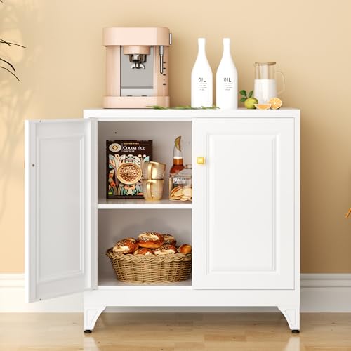 Sideboard Buffet Cabinet, 33" H Sideboard Buffet Storage Cabinet with Doors and Shelves, Coffee Bar, Metal Side Board Cabinets for Living Room, Assembly Required, White White 33"H Square J