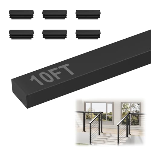 Image of 10FT Rectangular Cable Railing Handrail, Black Stainless Steel Handrail with Nylon End Caps for Deck Stair Railing System, 10' Flat Top Cuttable Deck Cable Rail Post System, RG01-H