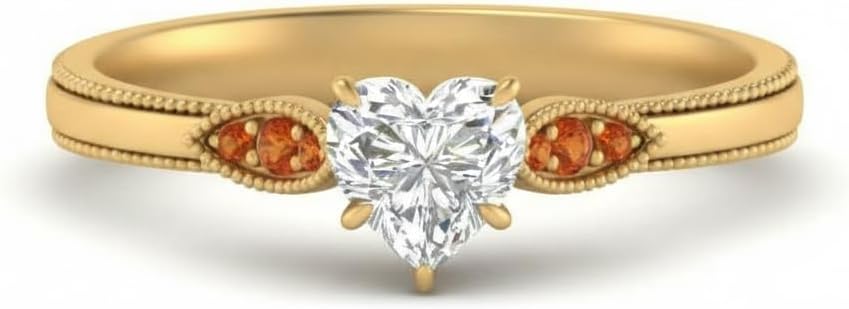 Choose Your Gemstone Milgrain Simple Diamond CZ Ring Yellow Gold Plated Heart Shape Milgrain Engagement Rings Matching Jewelry Wedding Jewelry Easy to Wear Gifts US Size 4 to 12