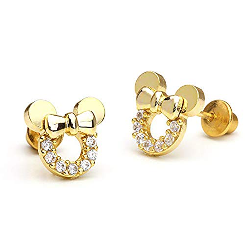 Kaguyo Pendientes de Minnie Mouse, Plata de Ley 925 Chapada en Oro, Amatista, Blanco, Azul, Rosa, Circonita Cúbica, Pendientes de Mickey Mouse para Mujeres y Niñas, Regalo de Cumpleaños (Oro Claro)