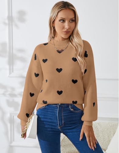 Image of Women's Long Sleeve Mock Neck Sweaters Loose Cute Heart Pullover Sweater