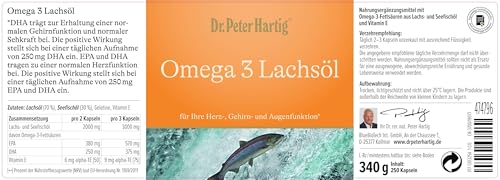 Dr. Peter Hartig Omega 3 Lachsöl 250 Kapseln 4-Monats-Vorrat EPA DHA Vitamin E Lactose-, Gluten-, Hefefrei
