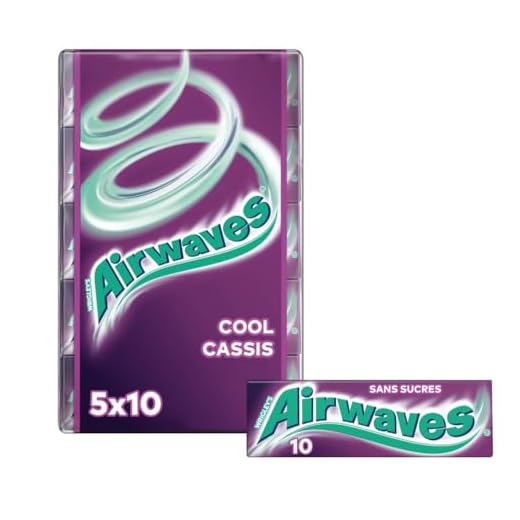 AIRWAVES - Chewing-Gum Goût Cassis - Sans Sucre - Fraîcheur Mentholée - 5 Paquets de 10 Dragées - 70g