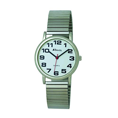 Ravel - Damen-Uhr mit Edelstahl-Expanderarmband mit großen Zahlen und Zeigern - Analoges Quarzwerk - R0208.02.2S - Silbernes Ton/Weißes Zifferblatt