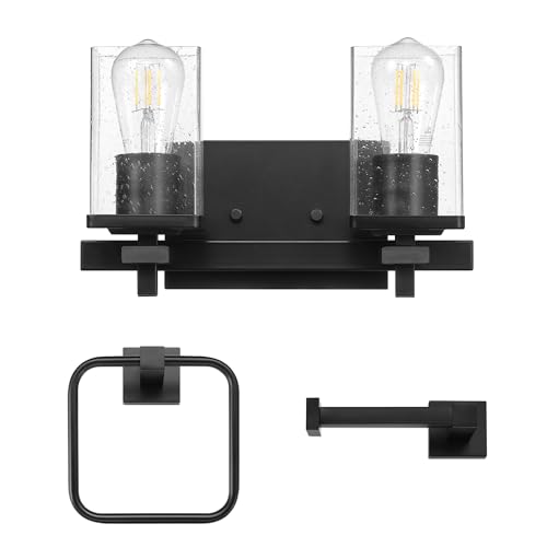 Globe-Electric 63000101 3-Piece Powder Room Set, Matte Black, 13" 2-Light Vanity Fixture, Seeded Glass Shades, Towel Ring, Toilet Paper Holder, Bathroom Decor, Lighting Over Mirror, Home Essentials by Globe Electric - Used condition - CA$29.16