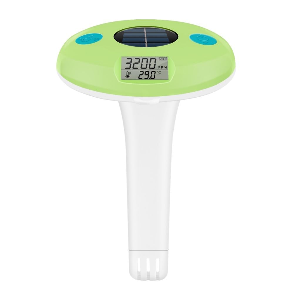 Tester solare galleggiante e termometro per piscina, misuratore di salinità digitale 0-9990 ppm, misuratore di temperatura dell'acqua 0-50 °C, visualizzazione continua senza cambio della