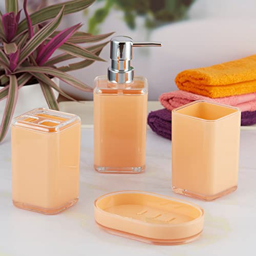Image of Kookee Acrylic Bathroom Set - Stylish 4 Piece Bath Accessories Kit with Soap Dispenser, Toothbrush Holder, Tumbler & Soap Dish - Modern & Designer Decor for Home & Guest Bathrooms (10047)