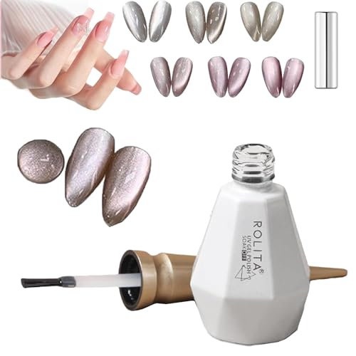 Rolita Cat Eye Gel Polish, 15ml Super Glitter Crystal Gel Nail Polish with Magnet, Jelly Nail Oil Longwear Formula Clear Nude DIY At Home (Y-24)