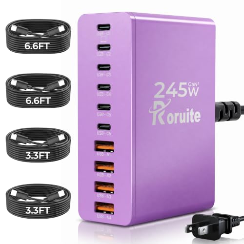 Image of USB C Charging Station 10 Port with 4 Cables,245W GaN Charger Block | Type C Wall Charger Power Strip Adapter Plug for iPad iPhone17 16 15 14 13 12 Pro Max Pixel Note Galaxy Purple