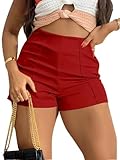 Benfoly Womens Shorts Casual Slim Fit Street Solid High Waist Stretchy Seam Detail Skinny Red Small